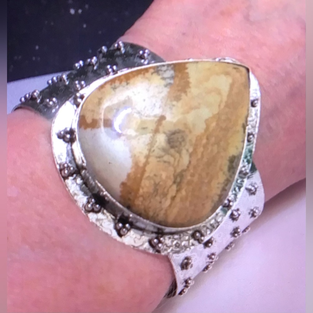 Picture Jasper Stamped Solid 925 Sterling Silver Cuff Bracelet